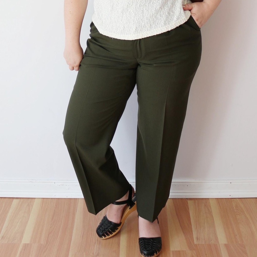 SIZE M Vintage Pleated Trousers Olive Green Straight‎ Leg Tailored Dress Pants